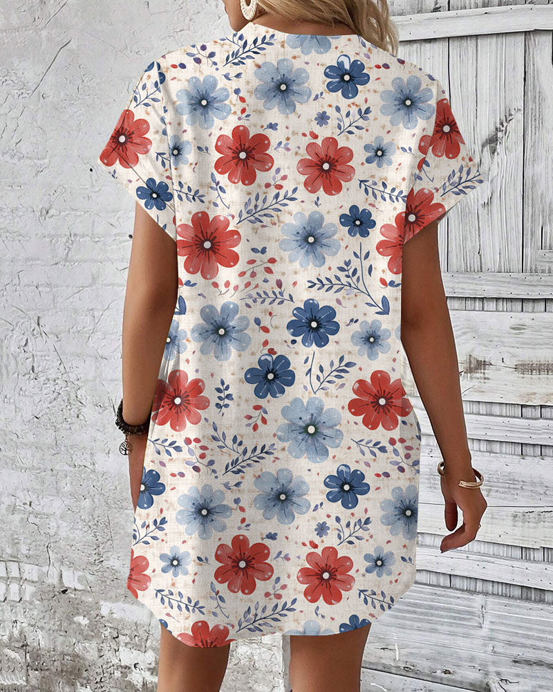 Bohemian Flowers Crew Neck Pockets Mini Dress