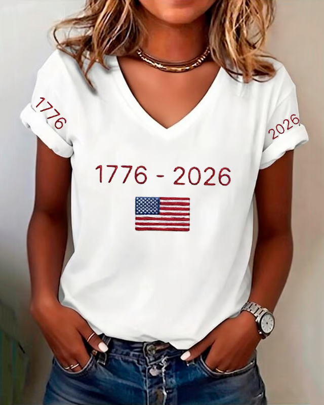 100% Cotton Women's USA 250th Anniversary Print V-neck Short Sleeve Tshirt