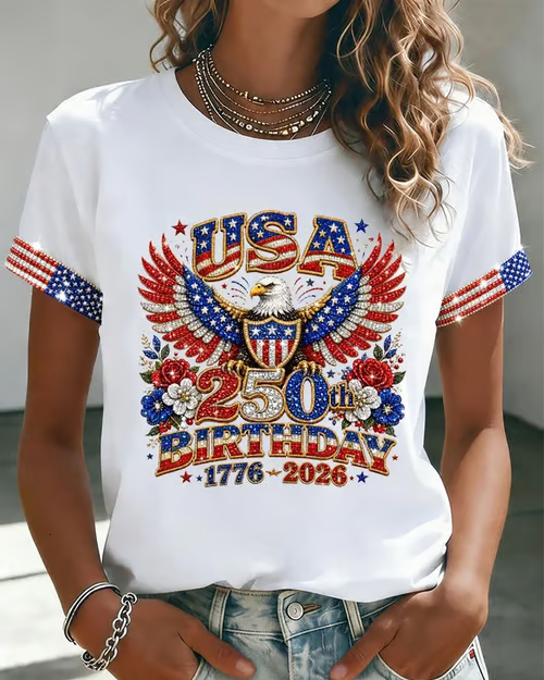 Women's American 250th Anniversary Eagle Sequins Crew Neck Short Sleeve Tshirt
