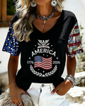 Women's Flag Art Print V-neck Short Sleeve Tshirt