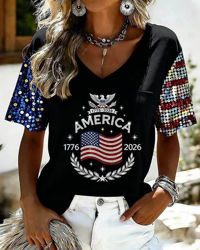 Women's Flag Art Print V-neck Short Sleeve Tshirt