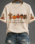 100% Cotton  Fall Casual Faith Graphic Print Crew Neck Short Sleeve Tshirt