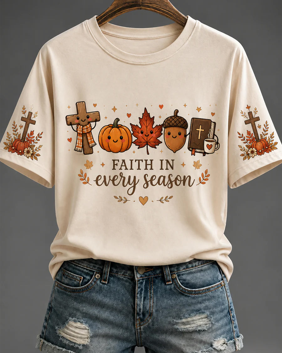100% Cotton  Fall Casual Faith Graphic Print Crew Neck Short Sleeve Tshirt