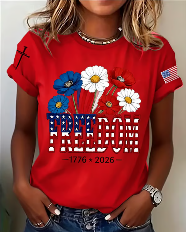 100% Cotton Women's 250 Years of America 1776-2026 Independence Day Crew Neck Short Sleeve Tshirt