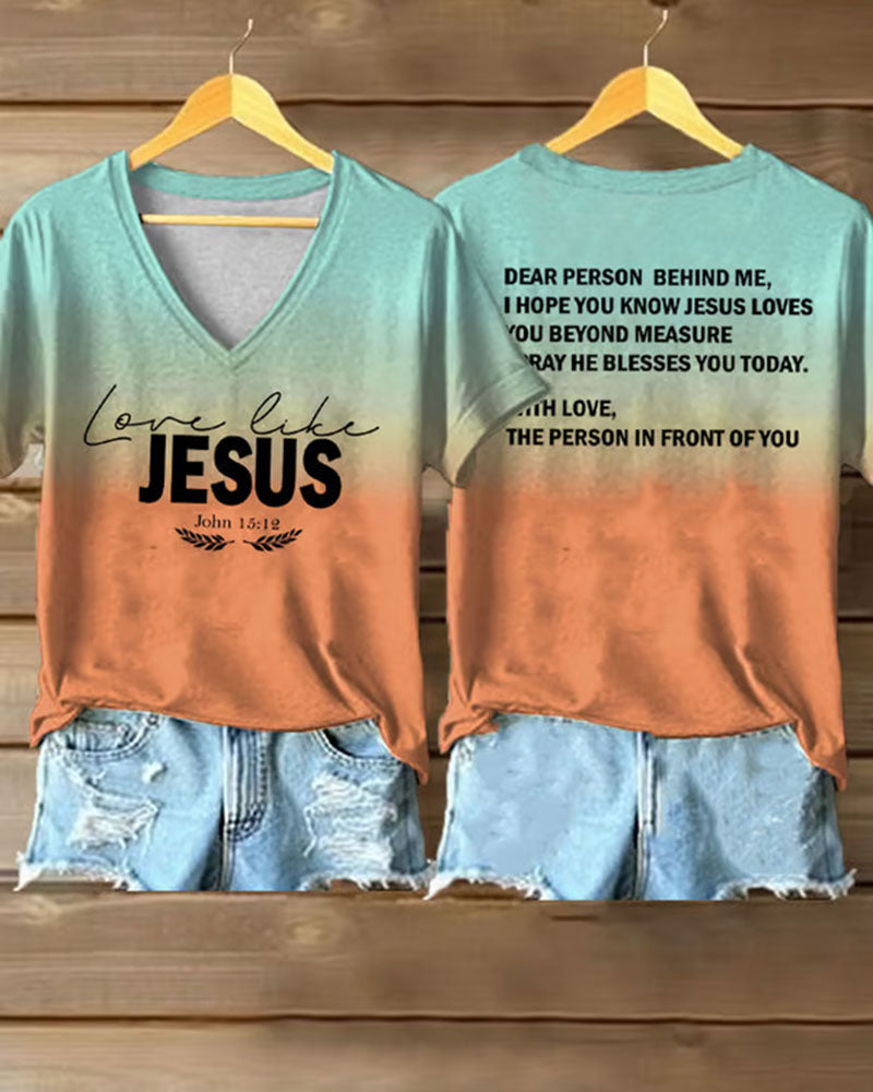 LOVE LIKE JESUS Verse Print V-Neck Short Sleeve T-Shirt