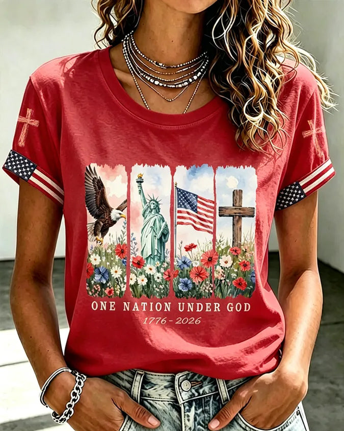 1776-2026 One Nation Under God Print Crew Neck Short Sleeve Tshirt