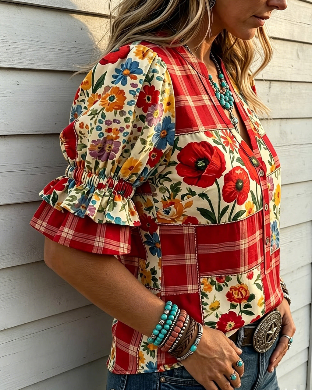Red Plaid Flowers Print V-neck Puff Sleeve Ruffle Shirt