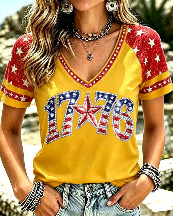 250th Anniversary Diamond Number Bow Print V-neck Short Sleeve Tshirt