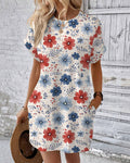 Bohemian Flowers Crew Neck Pockets Mini Dress