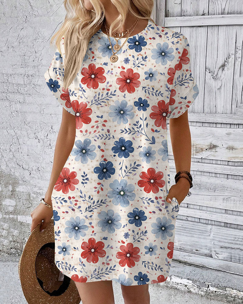 Bohemian Flowers Crew Neck Pockets Mini Dress