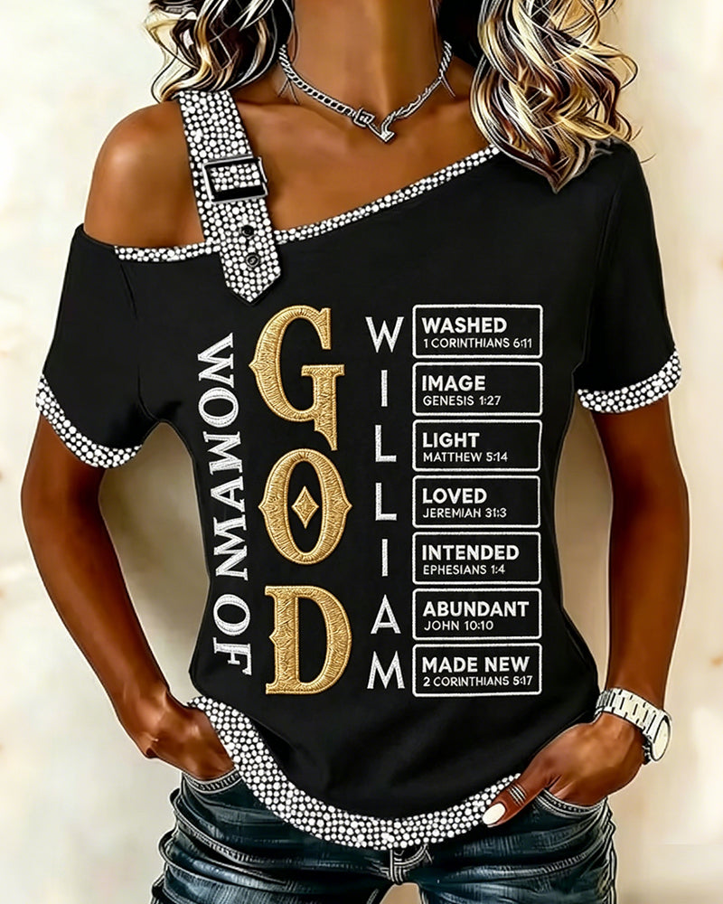 Biblical Scripture Letter Slant Shoulder Short Sleeve Tee