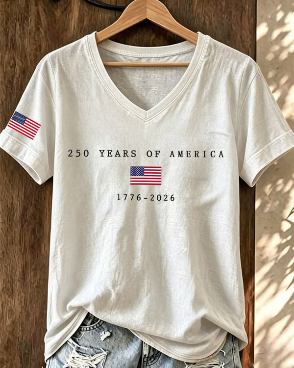 100% Cotton 250 Years Freedom Sublimation V Neck Short Sleeve Tshirt