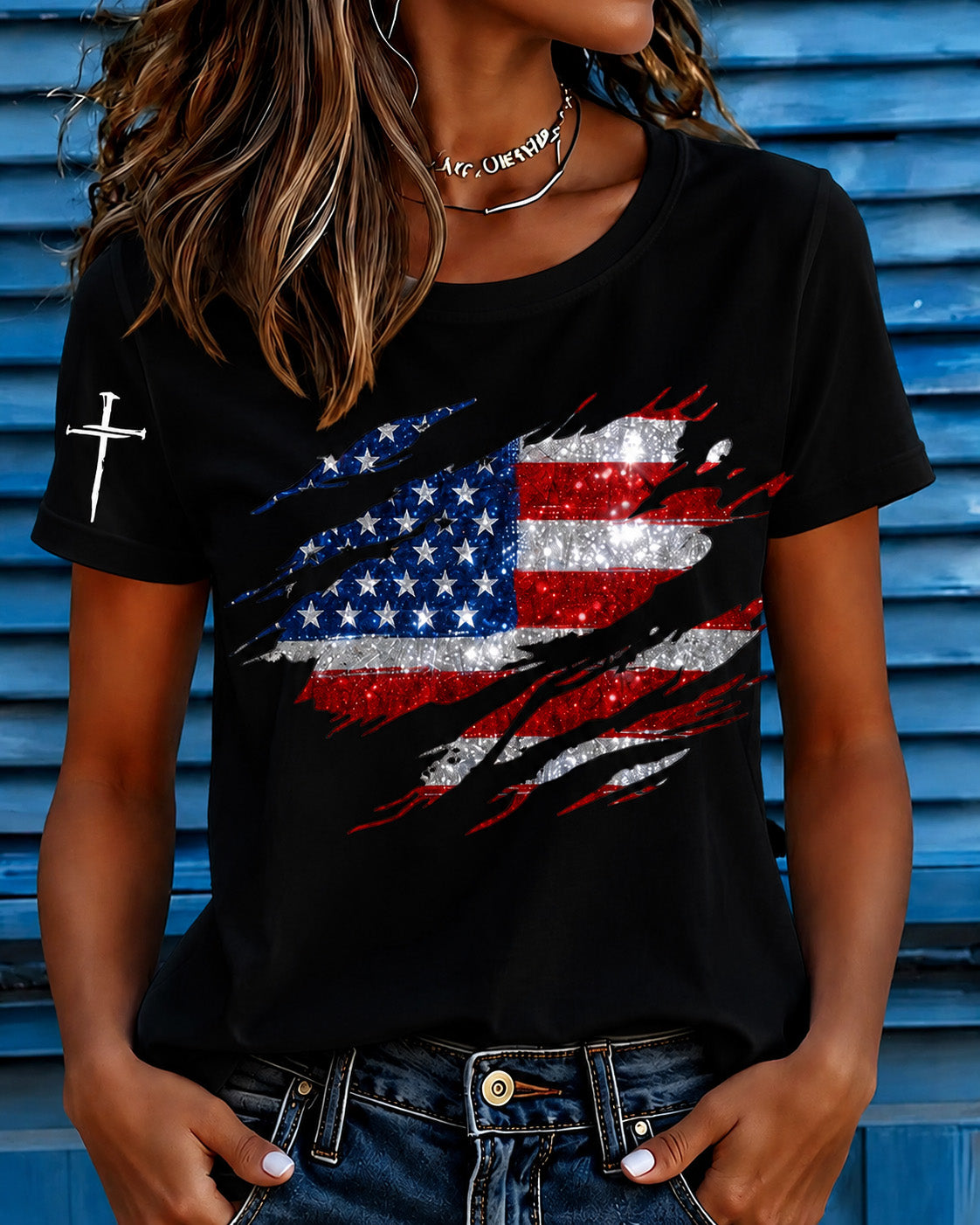 100% Cotton Fun Flag Cross Crew Neck Short Sleeve Tshirt