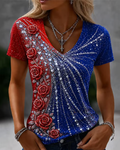 Gradient Diamond Rose Print V-neck Short Sleeve Tshirt