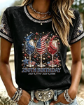 250th Anniversary Rhinestone Wine Glass Print Crew Neck Short Sleeve Tshirt