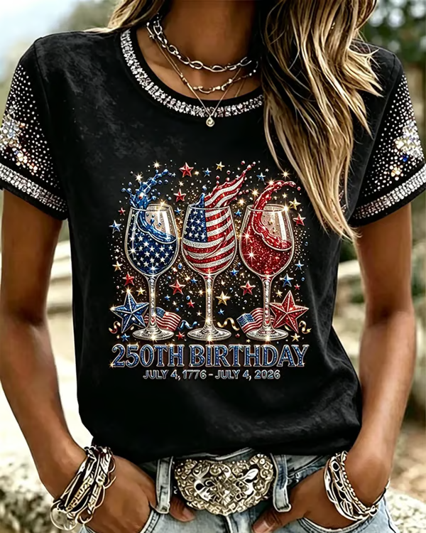 250th Anniversary Rhinestone Wine Glass Print Crew Neck Short Sleeve Tshirt