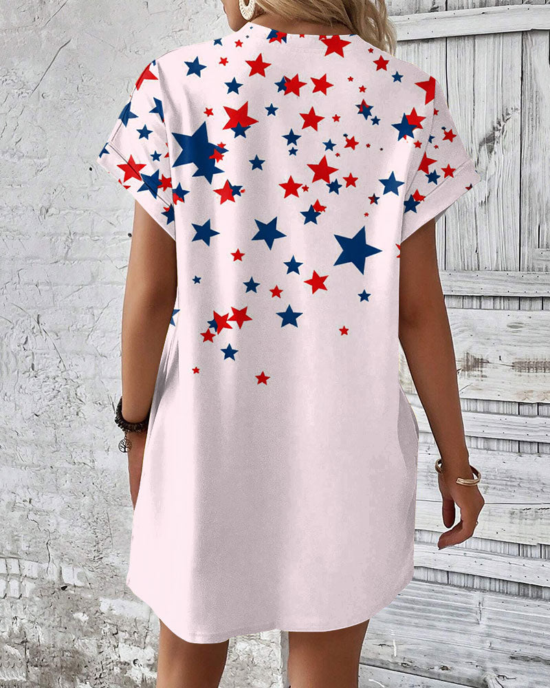 Color-block Irregular Stars Crew Neck Pockets Mini Dress