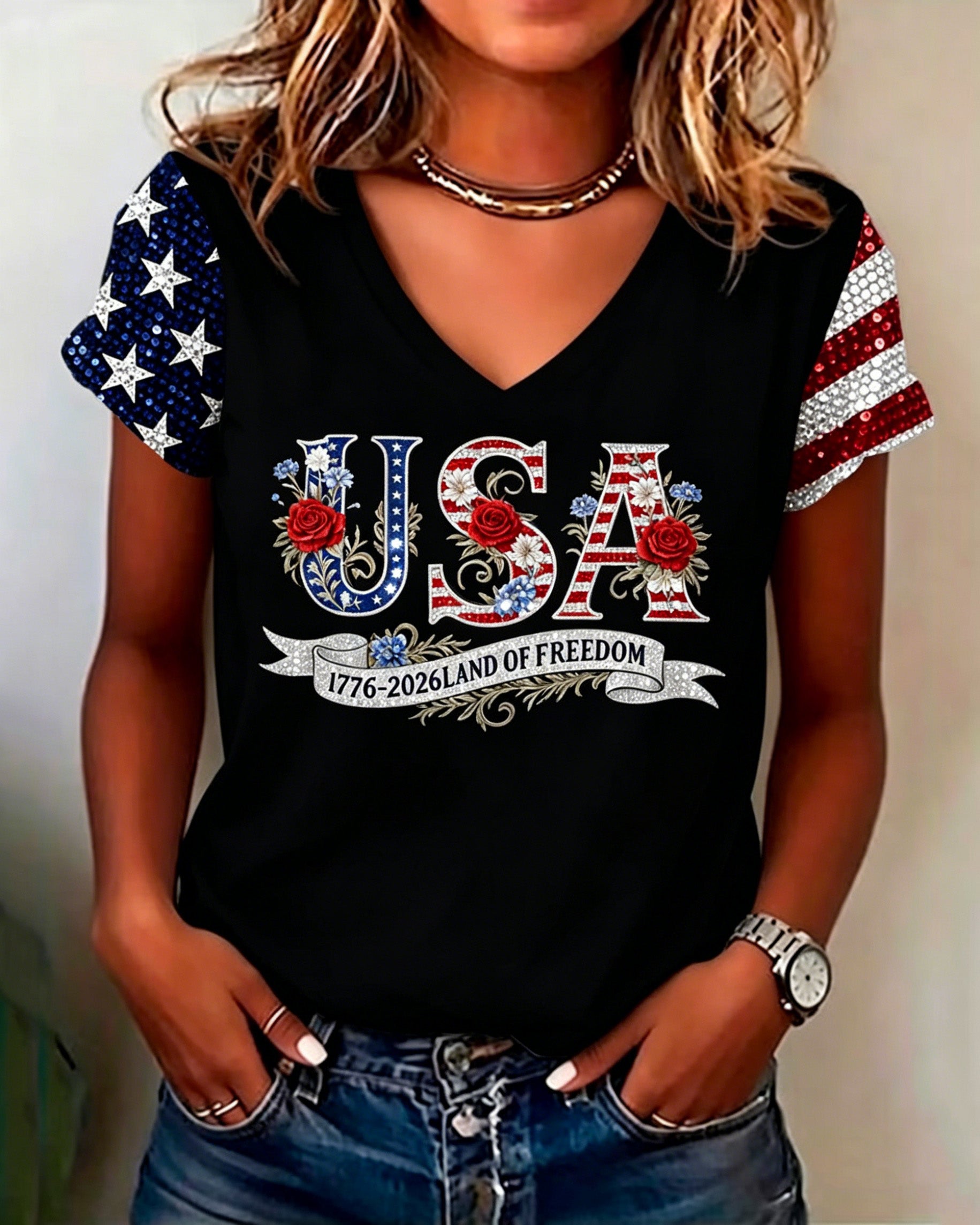 250th Anniversary Letter Flowers V-neck Short Sleeve Tshirt