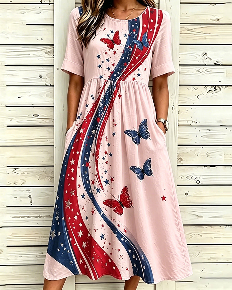 Wavy Striped Butterfly Print Pocket Casual Dress