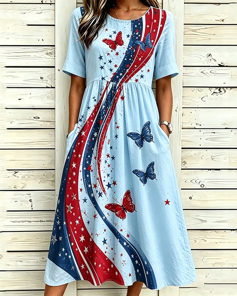 Wavy Striped Butterfly Print Pocket Casual Dress