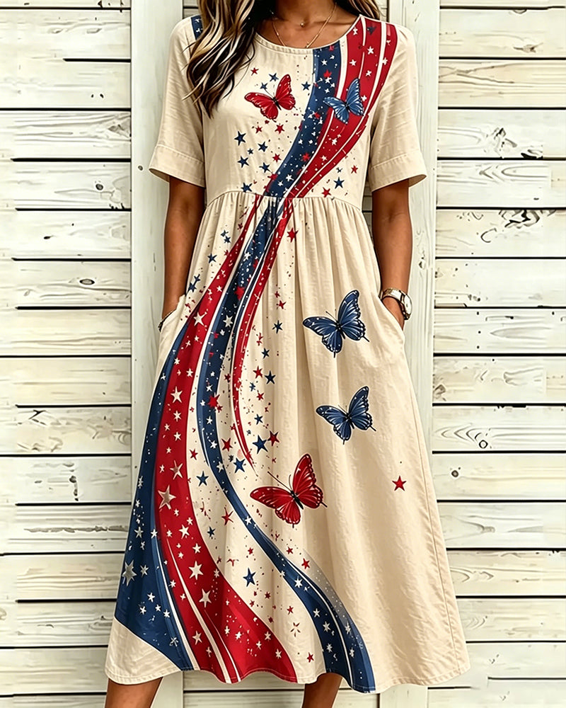 Wavy Striped Butterfly Print Pocket Casual Dress