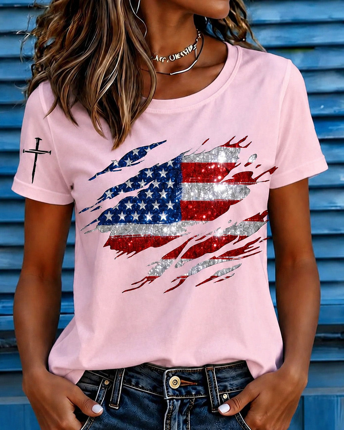 100% Cotton Fun Flag Cross Crew Neck Short Sleeve Tshirt