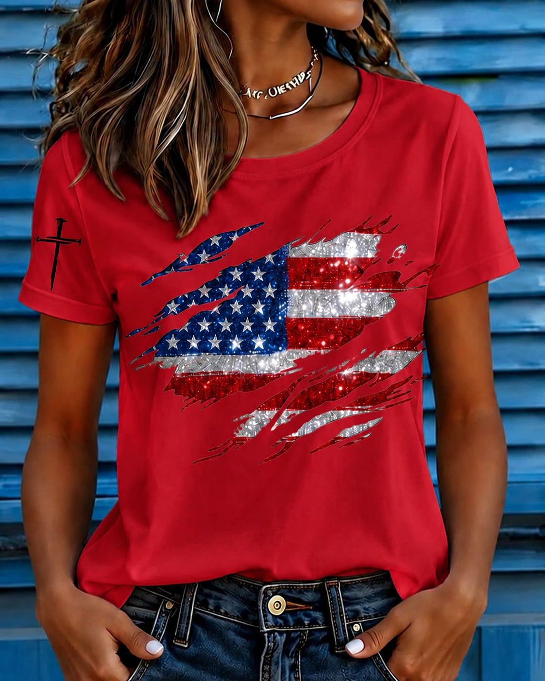 100% Cotton Fun Flag Cross Crew Neck Short Sleeve Tshirt