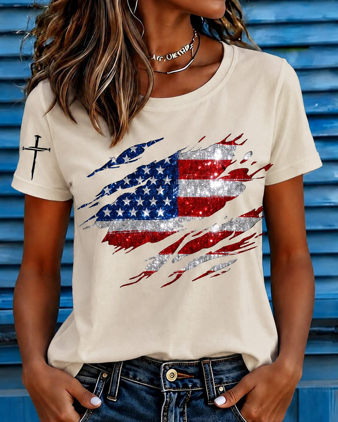 100% Cotton Fun Flag Cross Crew Neck Short Sleeve Tshirt