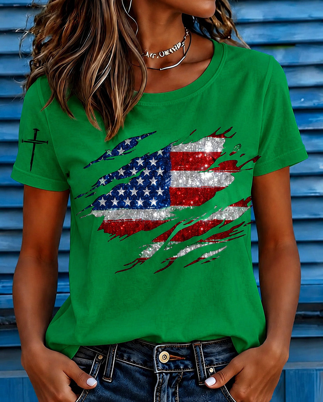 100% Cotton Fun Flag Cross Crew Neck Short Sleeve Tshirt