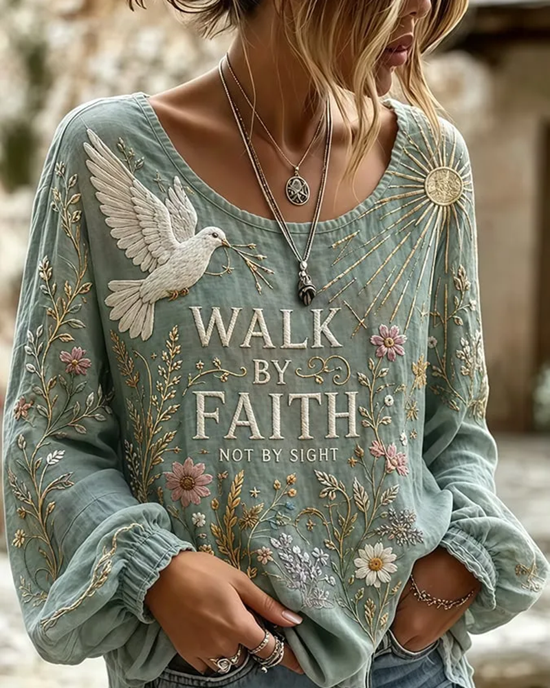 Walk By Faith Peace Doves Print Round Neck Puff Sleeves Blouse