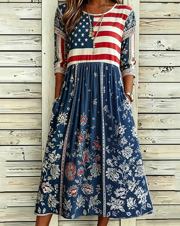 Women's Flag Floral Print Pocket Casual Dress