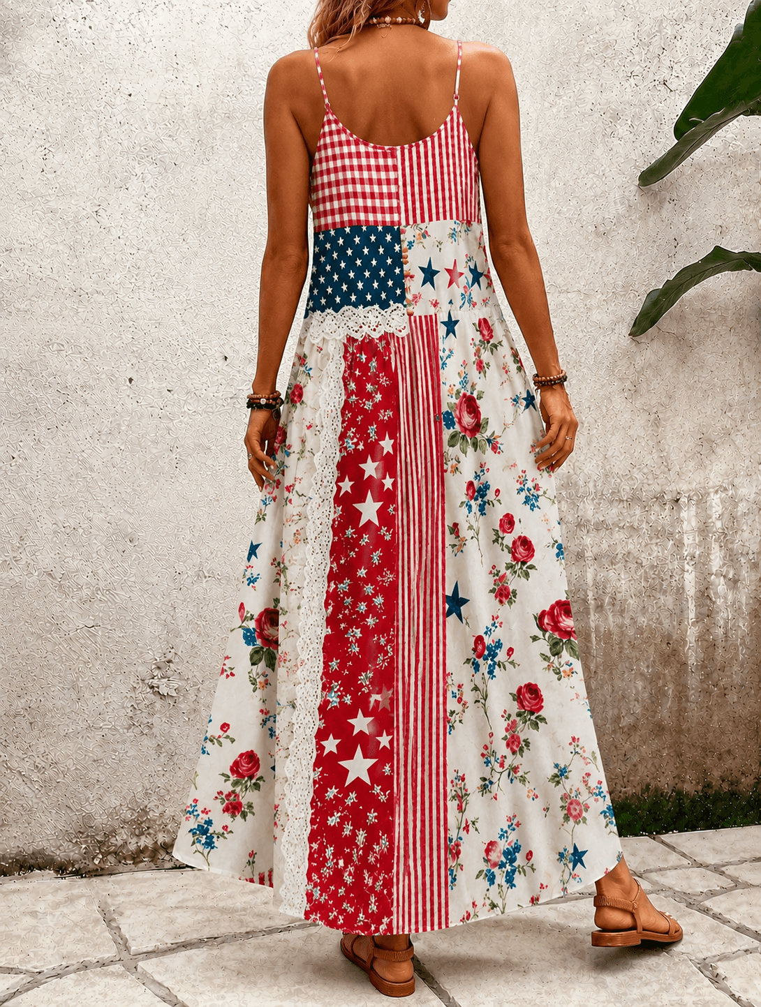 Sling National Flag Flower Lace Patchwork Print Pocket Maxi Dress