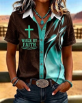 Women's Walk By Faith Print Lapel Button-Down Short-Sleeved Shirt