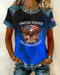 Crew Neck 250th Anniversary American Denim Printed Short-sleeved T-shirt