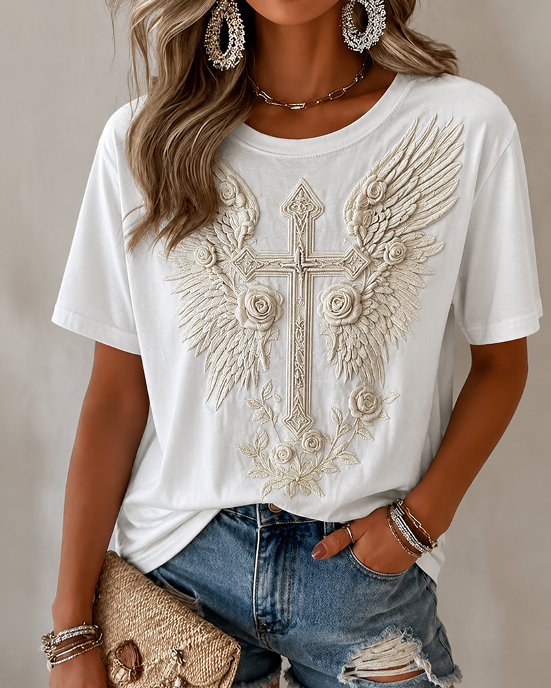 Rose Wings Three-dimensional Cross Vintage Print Women's Short Sleeve T-shirt
