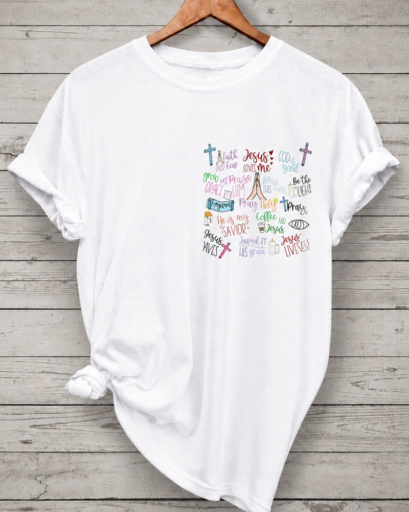 Jesus Theme Multi-Element Handwritten Text Cross Print Short Sleeve T-Shirt