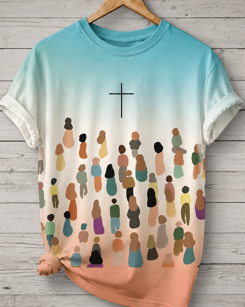 Look Up Crowd Silhouette Cross Print Short Sleeve Tee