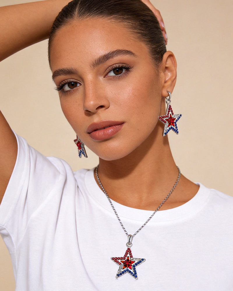 American Independence Day Five-pointed Star Inlaid Zircon Pendant Necklace