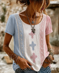 Blue And White Pink Contrast Stitching Cross Printed Loose Round Neck Short Sleeve T-shirt