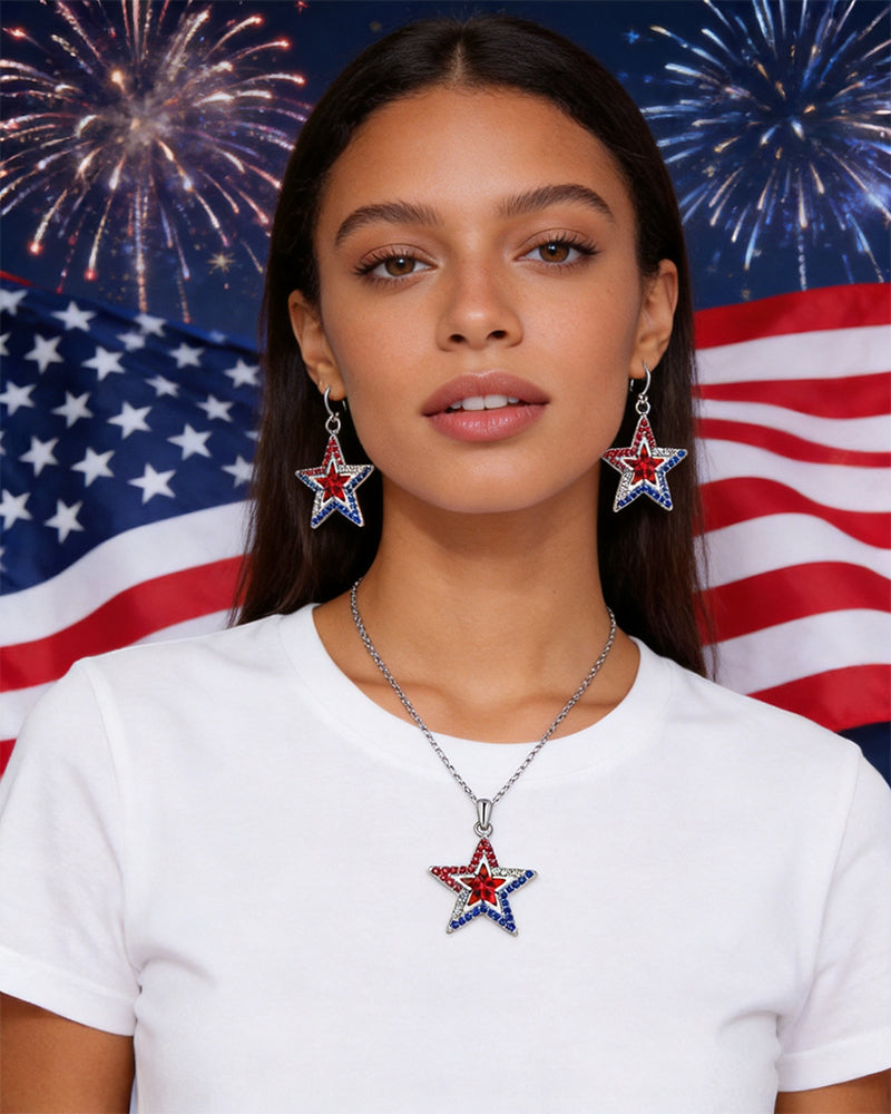 American Independence Day Five-pointed Star Inlaid Zircon Pendant Necklace