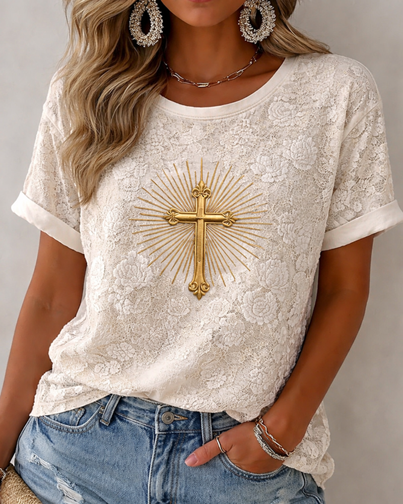 Lace Cross Vintage Print Women's Short Sleeve T-Shirt