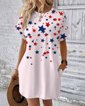 Color-block Irregular Stars Crew Neck Pockets Mini Dress