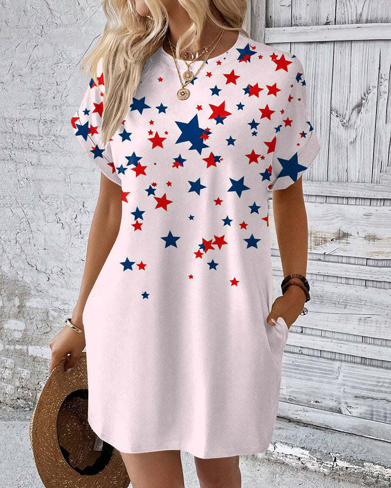 Color-block Irregular Stars Crew Neck Pockets Mini Dress