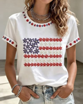 Women's Independence Day Flag Floral Print Crew Neck Short Sleeve Tshirt