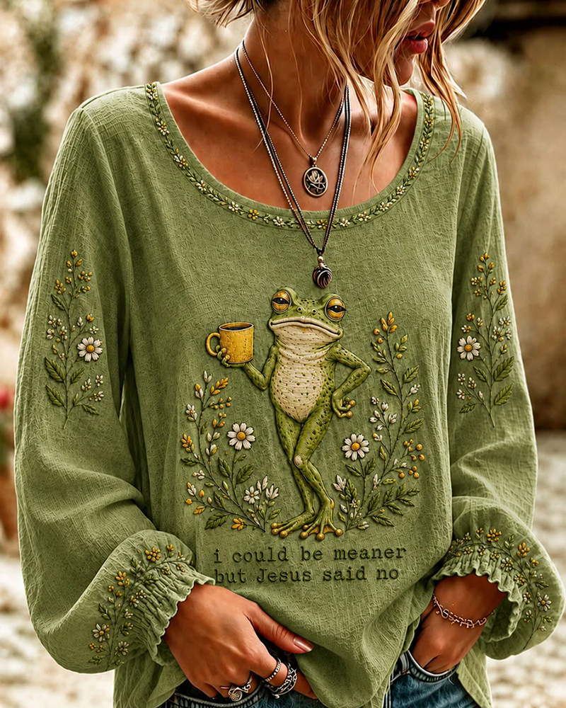 I Could Be Meaner But Jesus Said No Print Round Neck Puff Sleeves Blouse