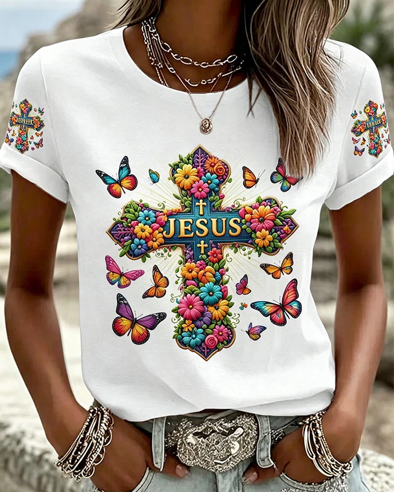 100% Cotton Colorful Butterfly Cross Crew Neck Short Sleeve Tshirt