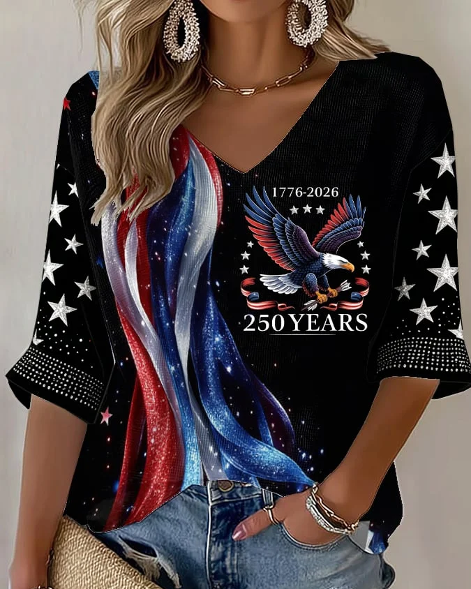 American 250th Print T-Shirt V-neck loose T-shirt
