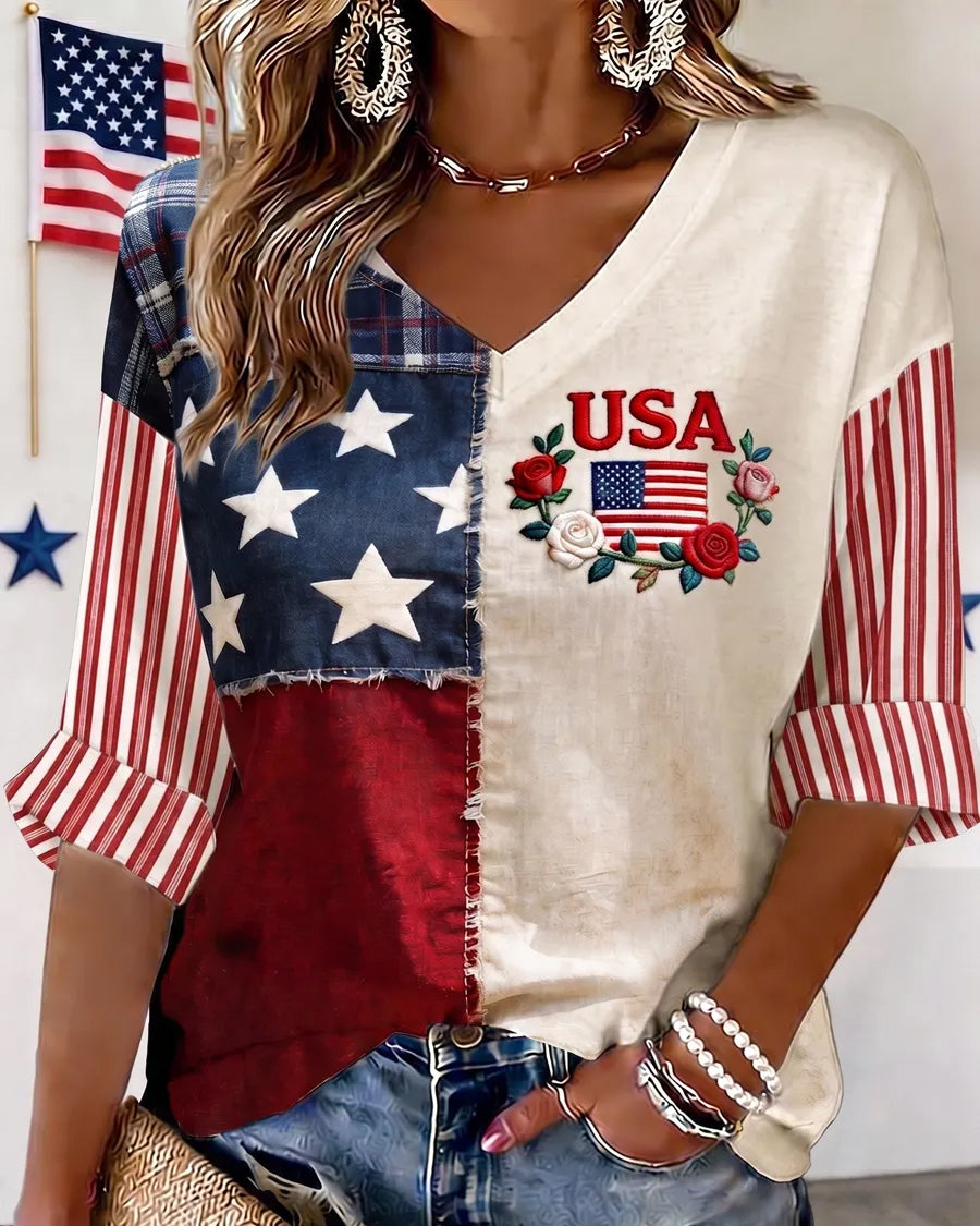 America 1776-2026 Patriotic Print V-neck Half Sleeved Loose Top