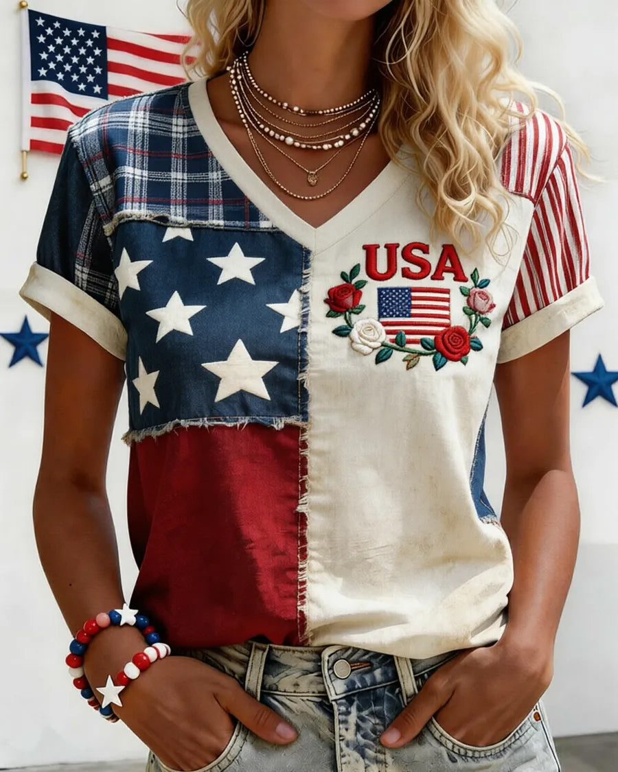 America 1776-2026 Patriotic Print V-neck Short Sleeve Tshirt