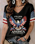 America 1776-2026 Semiquincentennial Print with National Flag Print V-neck Short Sleeve Tshirt